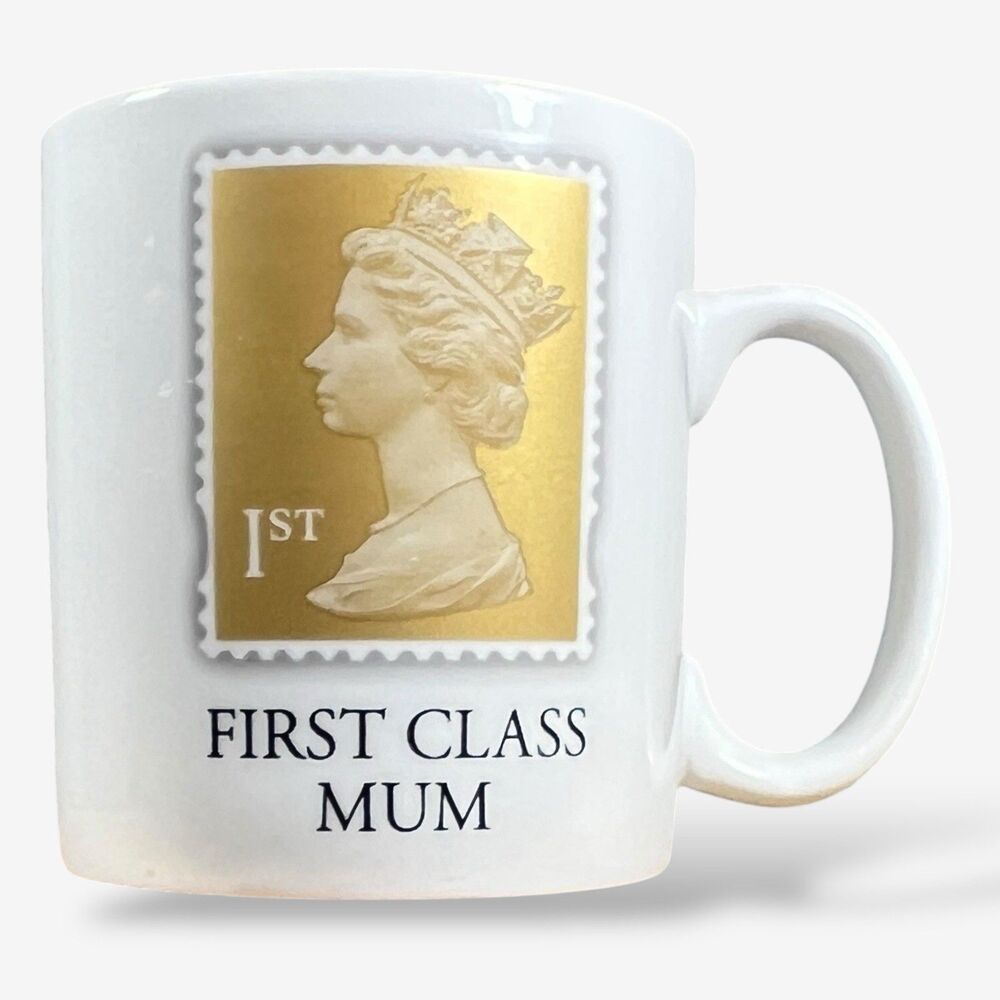 Queen Elizabeth II Mug First Class Mum Stamp Gold White Gift Republic